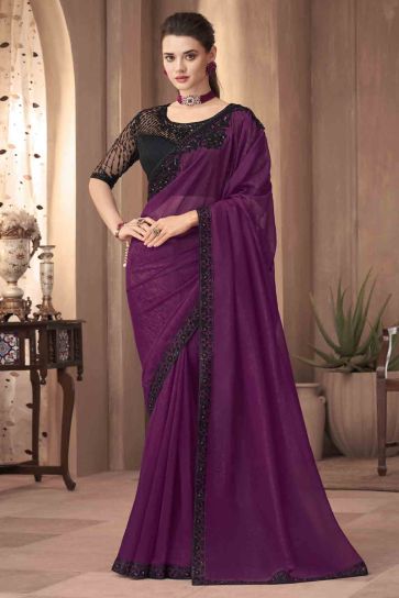 Purple Color Classic Sangeet Wear Silk Fabric Lace Border Work Saree