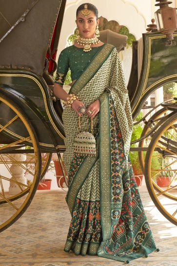 Patola Silk Printed Green Color Wedding Wear Designer Saree