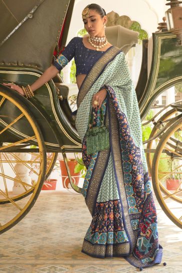 Navy Blue Color Patola Silk Fabric Sangeet Wear Printed Saree