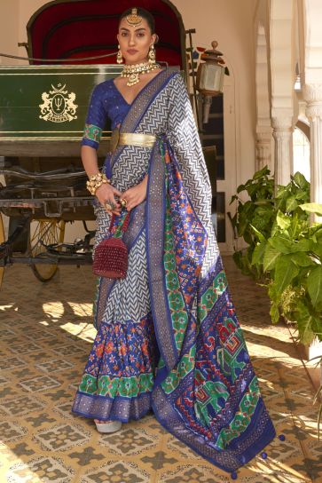 Blue Color Patola Silk Fabric Printed Function Wear Fancy Saree