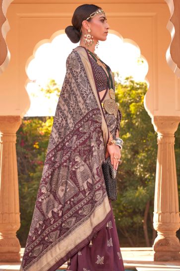 Festive Wear Wine Color Printed Patola Silk Fabric Saree