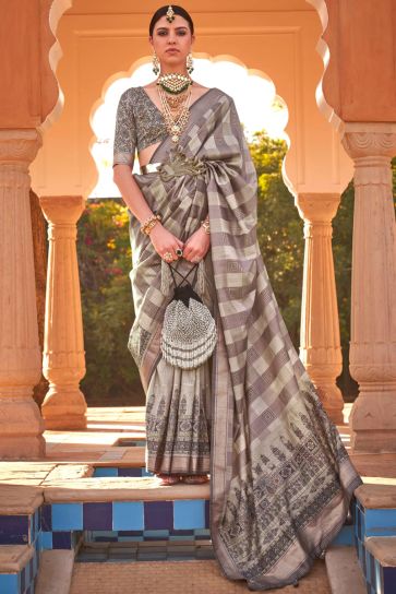 Grey Color Printed Patola Silk Fabric Reception Wear Saree