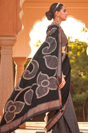 Black Color Printed Patola Silk Fabric Stylish Function Wear Saree