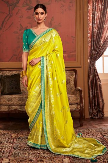 Weaving Work Yellow Color Dola Silk Fabric Reception Wear Saree