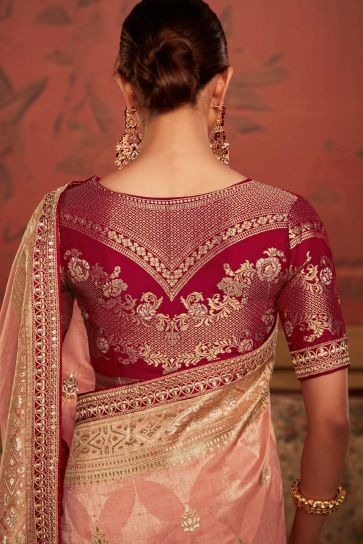 Pink Color Dola Silk Fabric Sangeet Wear Weaving Work Saree