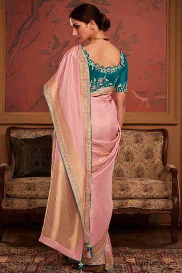 Pink Color Dola Silk Fabric Weaving Work Function Wear Fancy Saree