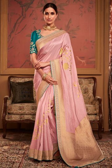 Pink Color Dola Silk Fabric Weaving Work Function Wear Fancy Saree