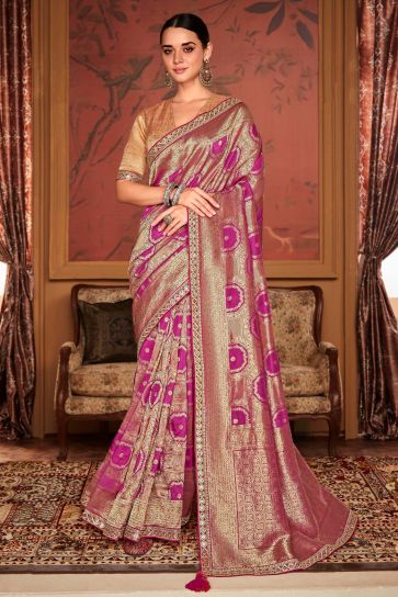 Magenta Color Weaving Work Dola Silk Fabric Sangeet Wear Saree