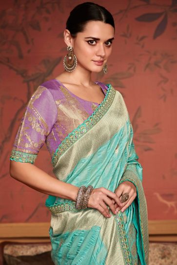 Weaving Work Dola Silk Fabric Sangeet Wear Sky Blue Color Designer Saree