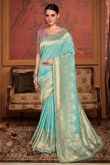 Weaving Work Dola Silk Fabric Sangeet Wear Sky Blue Color Designer Saree