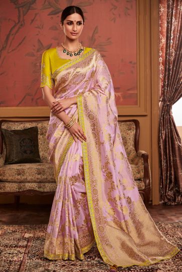 Dola Silk Fabric Wedding Wear Pink Color Fancy Weaving Work Saree