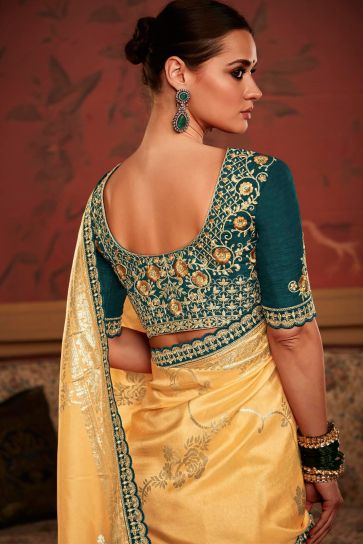 Cream Color Reception Wear Trendy Weaving Work Saree In Dola Silk Fabric