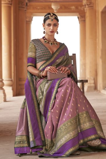 Violet Color Kanjivaram Silk Fabric Sangeet Wear Weaving Print Saree With Patola Design Blouse