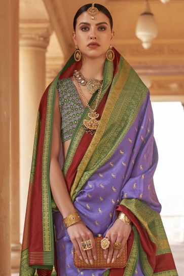 Purple Color Kanjivaram Silk Fabric Weaving Print Function Wear Fancy Saree With Patola Design Blouse