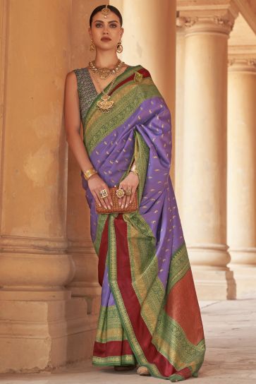 Purple Color Kanjivaram Silk Fabric Weaving Print Function Wear Fancy Saree With Patola Design Blouse