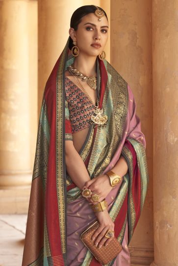 Pink Color Weaving Print Kanjivaram Silk Fabric Sangeet Wear Saree With Patola Design Blouse
