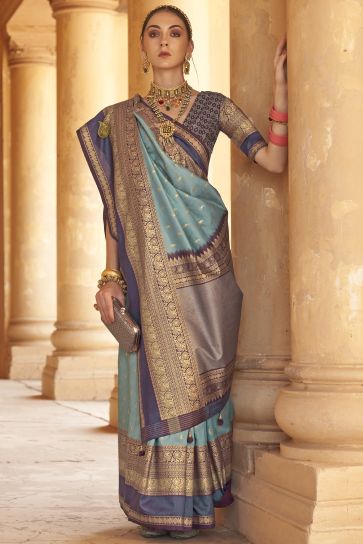 Weaving Print Kanjivaram Silk Fabric Sangeet Wear Sky Blue Color Saree With Patola Design Blouse