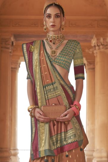 Brown Color Reception Wear Trendy Weaving Print Saree With Patola Design Blouse