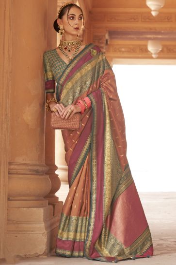 Brown Color Reception Wear Trendy Weaving Print Saree With Patola Design Blouse