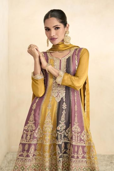 Embroidered Mustard Color Readymade Designer Pakistani Style Palazzo Salwar Suit In Chinon Fabric
