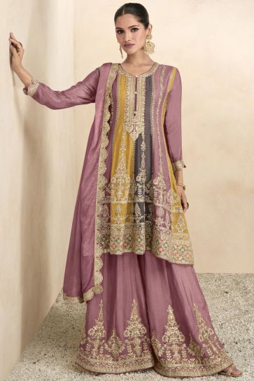 Chinon Fabric Pink Color Festive Wear Readymade Designer Pakistani Style Palazzo Salwar Kameez