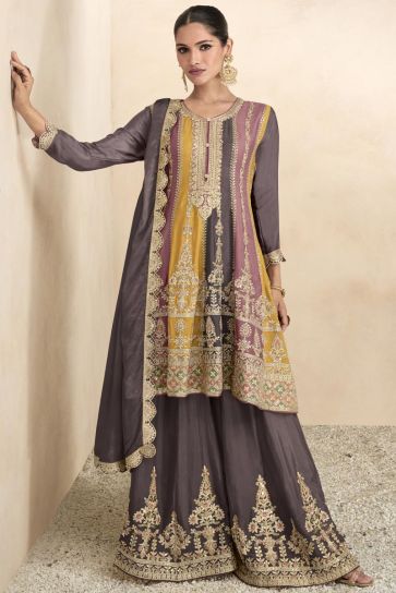 Chinon Fabric Reception Wear Embroidered Readymade Pakistani Style Palazzo Salwar Kameez In Brown Color