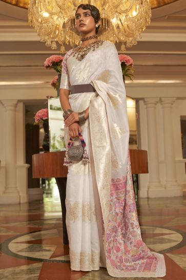 Off White Color Weaving Work Art Silk Fabric Sangeet Wear Saree