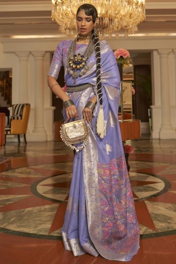 Weaving Work Art Silk Fabric Sangeet Wear Lavender Color Designer Saree