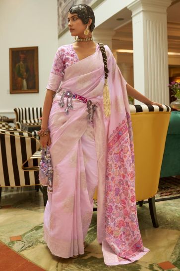Art Silk Function Wear Pink Fancy Weaving Work Saree