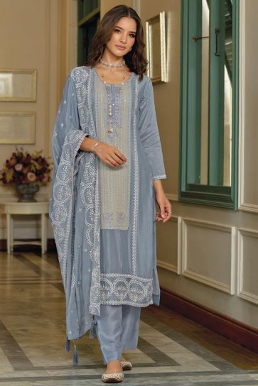 Embroidered Blue Color Function Wear Readymade Designer Salwar Suit In Art Silk Fabric