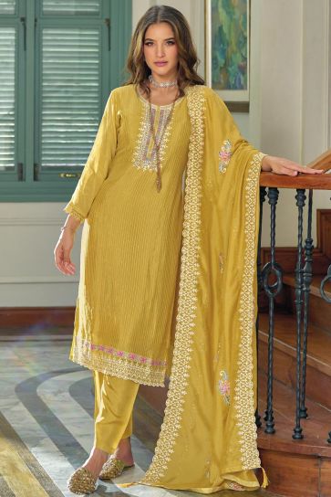 Festive Wear Embroidered Readymade Designer Salwar Kameez In Art Silk Fabric Mustard Color