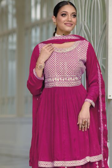 Embroidered Magenta Color Wedding Wear Readymade Palazzo Salwar Suit In Silk Fabric