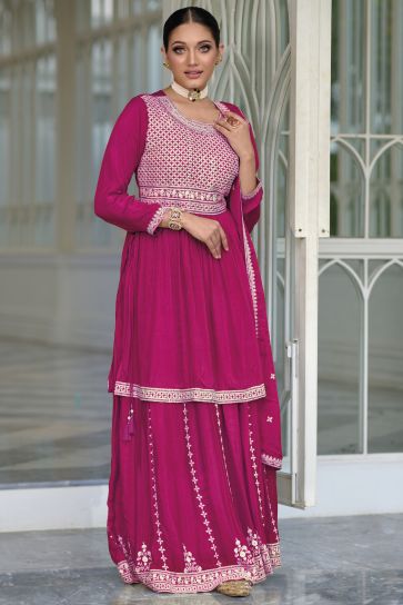 Embroidered Magenta Color Wedding Wear Readymade Palazzo Salwar Suit In Silk Fabric