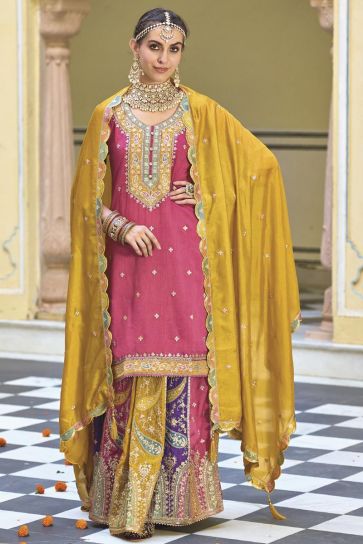 Pink Designer Wedding Sharara Style Readymade Lehenga With Embroidery Work Art Silk Fabric