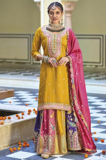 Art Silk Embroidery Work Wedding Wear Sharara Style Readymade Lehenga In Mustard Color