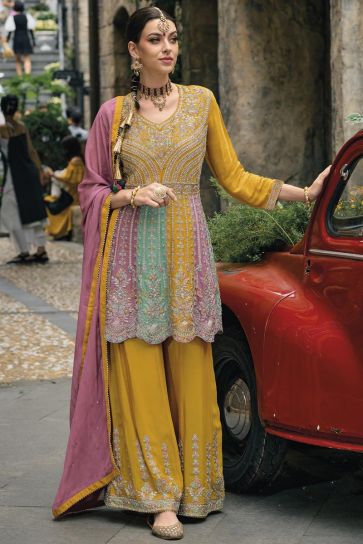 Mustard Color Readymade Designer Punjabi Style Palazzo Salwar Suit In Chinon Fabric
