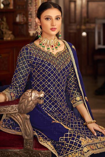 Blue Color Wedding Wear Embroidered Palazzo Salwar Suit In Chinon Fabric