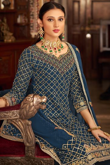 Navy Blue Color Festive Wear Embroidered Palazzo Salwar Kameez In Chinon Fabric