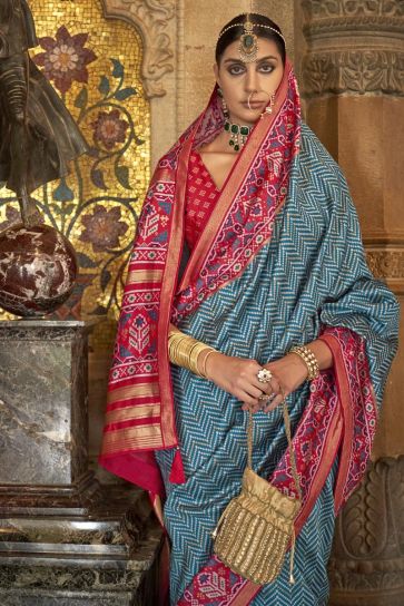 Traditional Look Sky Blue Color Art Silk Fabric Printed Patola Saree