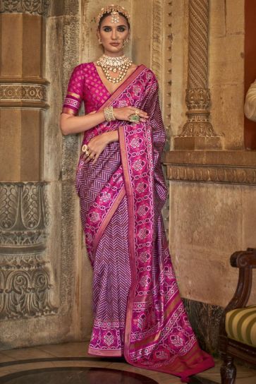 Art Silk Fabric Pleasant Purple Color Printed Patola Saree