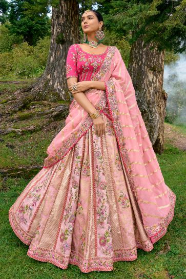Silk Fabric Pink Color Wedding Wear 3 Piece Lehenga Choli With Embroidery Work