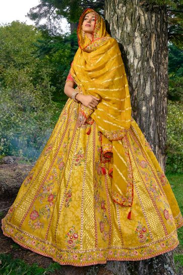 Mustard Color Designer Bridal Lehenga Choli With Embroidery Work Silk Fabric