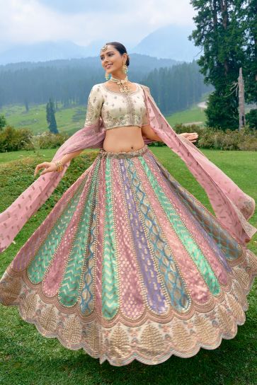 Embroidery Work Silk Fabric Designer Lehenga In Multi Color With Blouse