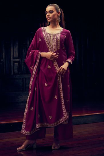 Magenta Color Embroidered Art Silk Fabric Function Wear Straight Cut Long Palazzo Salwar Suit