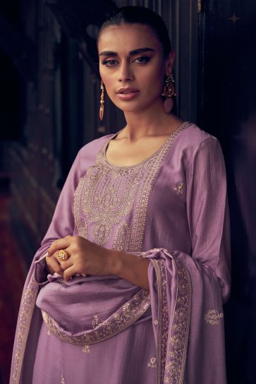 Lavender Color Art Silk Fabric Embroidered Function Wear Straight Cut Long Palazzo Salwar Kameez