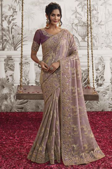 Heavy Embroidery Work Alluring Lavender Color Fancy Fabric Saree With Party Look Blouse