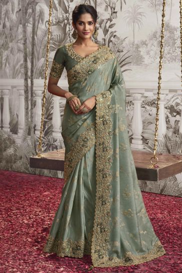 Heavy Embroidery Work Winsome Sea Green Color Fancy Fabric Saree With Party Look Blouse