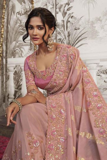 Appealing Heavy Embroidery Work Fancy Fabric Pink Color Saree With Party Look Blouse