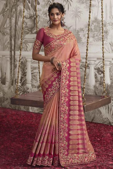 Imperial Pink Color Heavy Embroidery Work Fancy Fabric Saree With Party Look Blouse