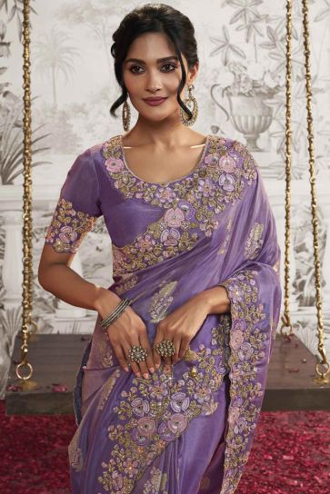 Heavy Embroidery Work Beguiling Purple Color Fancy Fabric Saree With Party Look Blouse